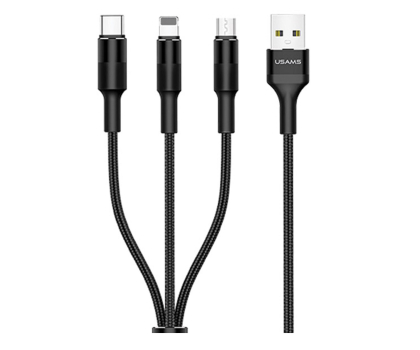 Kabel USAMS Kabel pleciony 3w1 1,5m 2Aczarny (lightning/microUSB/USB-C)